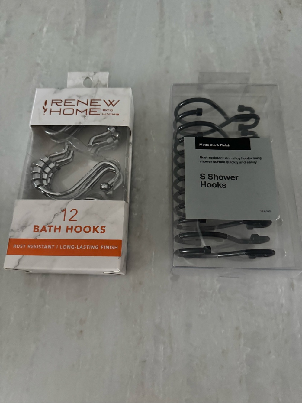 Renew Home 12 Bath Hooks + Matte Black S Shower Hooks - Silver & Black